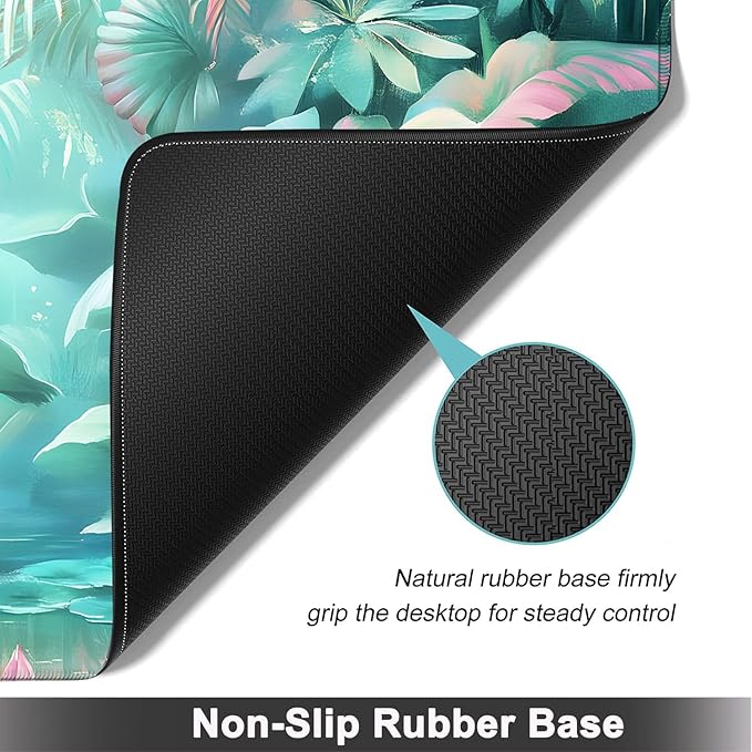 Large Mouse pad and Keyboard Support Set, Ergonomic Memory Foam Keyboard Wrist Rest, Extended Gaming Mouse Pad with Stitched Edges, Flamingo in Lotus Pond XXL Desk Mat (31.5 X 11.8 in)