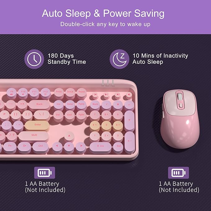 MageGee V920 Wireless Keyboard and Mouse Combo, 2.4G Full-Sized Retro Typewriter Keyboard with Round Keycaps & Auto-Sleep Mode, Cute Computer Keyboard and Cordless Optical Mouse for Laptop/PC (Pink)