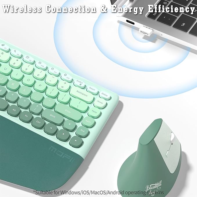 Wireless Keyboard and Mouse Combo, 84-Key Ergonomic Membrane Keyboard Curved Split Keys with Wrist Rest & 6-Key Vertical Mouse, Cordless Set for Win/Mac, Mint Green (AAA Batteries Included)