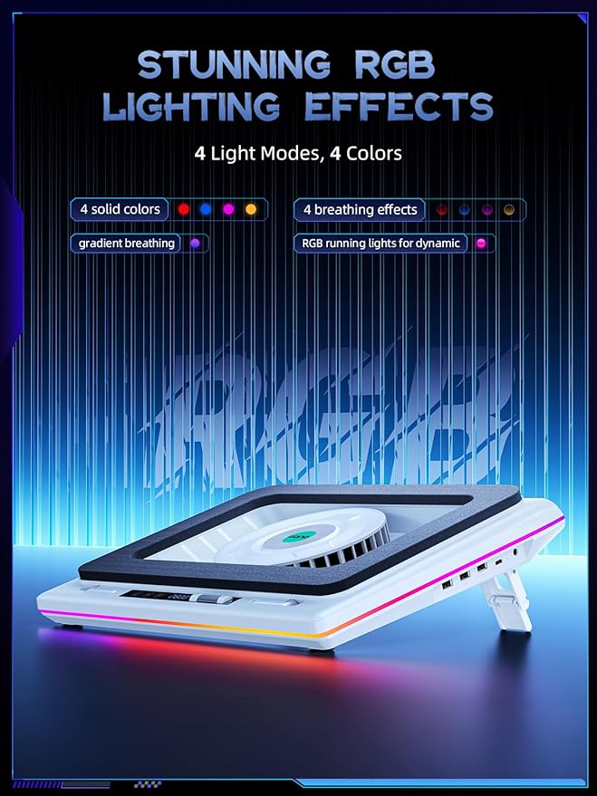 llano RGB Laptop Cooling Pad, White, Powerful Turbofan, Quiet Cooling, Touch Control, LCD Screen, Seal Foam, 15-19in Laptops