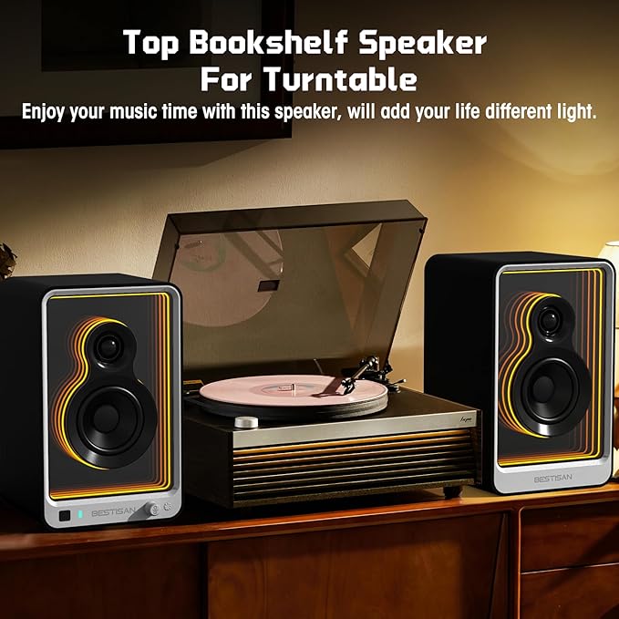BESTISAN 50W*2 Active Bookshelf Speakers with Dynamic Light Effect, 3" Bass Computer Speakers with ARC/Optical/RCA/BT 5.2/USB/SUB Out Input for Turntable, PC, TV and Phone.