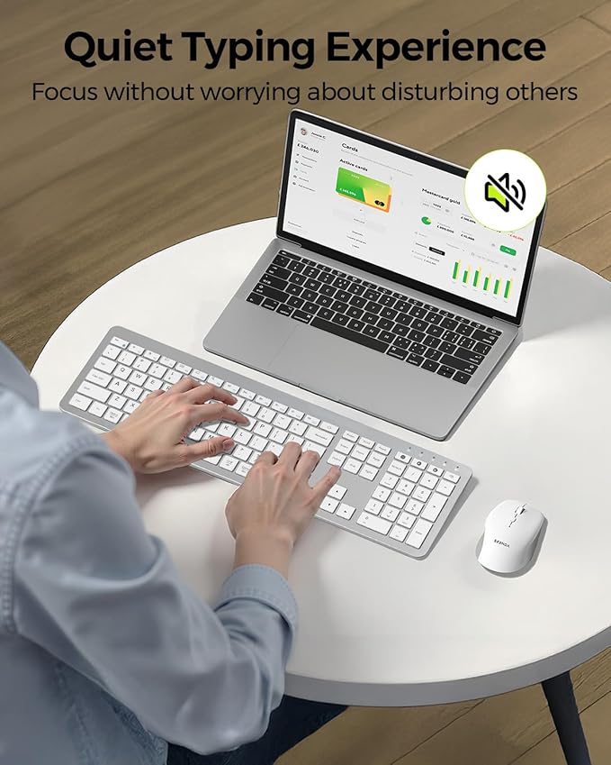 seenda Bluetooth Keyboard and Mouse, COE300 Wireless Keyboard Mouse Combo, 3 Multi-Device Connection Full Size Ultra-Slim Keyboard with Number Pad for Windows/Mac,White & Silver