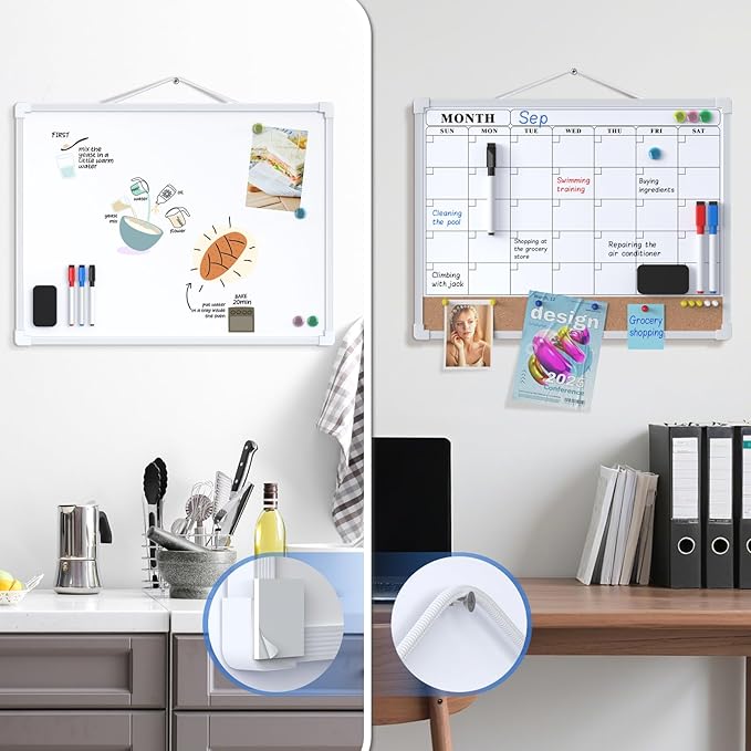 MaxGear Monthly Calendar Whiteboard Dry Erase Cork Board for Wall, 16"x12" Double-Sided Dry Erase White Board Calendar with Bulletin Board, Hanging Dry Erase Board for Office, Home, School