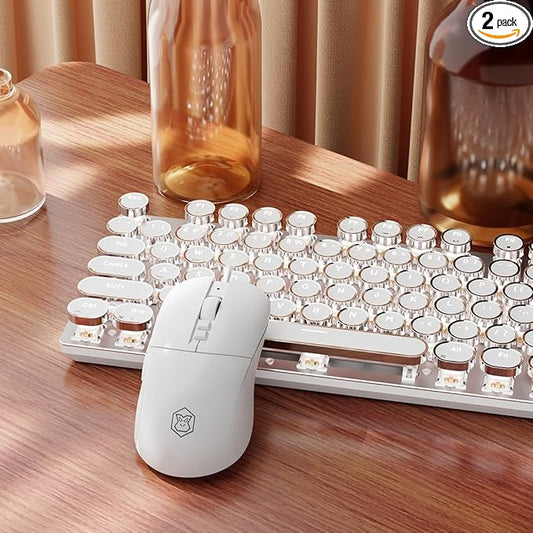 EWEADN Wired Typewriter Keyboard and Mouse Combo, Typewriter Style Mechanical Gaming Keyboard,104 Keys Backlit LED Keyboards, Media Control Knob, Wired Keyboard White Switch for Windows/Mac/PC-White