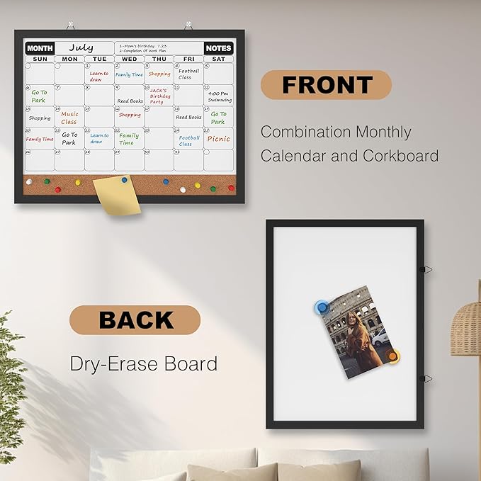Monthly Calendar Dry Erase Board 16x12 Inch, Double-Sided Whiteboard and Corkboard Combo with Black MDF Frame, Wall Mounted Planner with Markers, Magnets, Push Pins, Eraser