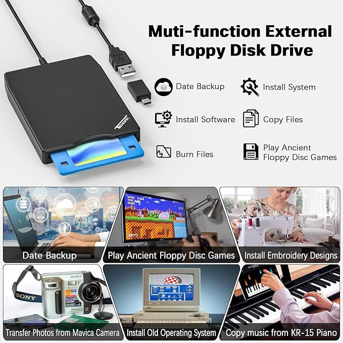 Tendak USB Floppy Disk Drive, Floppy Disk Reader 3.5 inch Portable USB External 1.44MB FDD Diskette Drive for Windows 11/10/8/7/2000/XP/Vista PC Laptop, Plug and Play (Black)