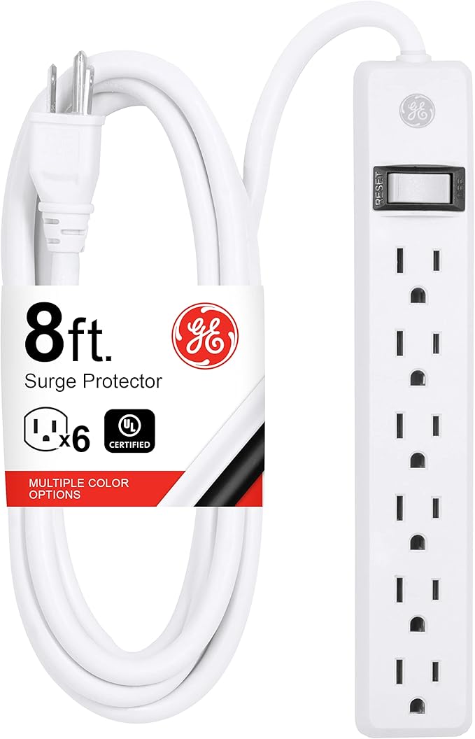 GE 6-Outlet Power Strip, 8 Ft Extension Cord, Heavy Duty Plug, Grounded, Integrated Circuit Breaker, 3-Prong, Wall Mount, ETL Listed, White, 67122