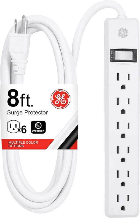 GE 6-Outlet Power Strip, 8 Ft Extension Cord, Heavy Duty Plug, Grounded, Integrated Circuit Breaker, 3-Prong, Wall Mount, ETL Listed, White, 67122