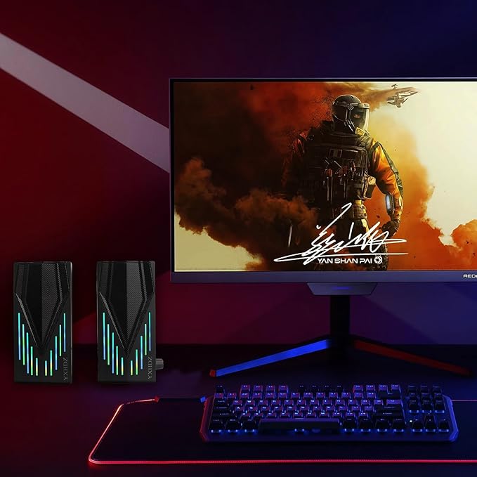 Black Wired Computer Speakers, USB Powered Gaming Speakers with Zero-Lag Audio, Dynamic RGB Lighting, 3.5mm Aux Cable for PC Desktop Monitor Laptop Tablet