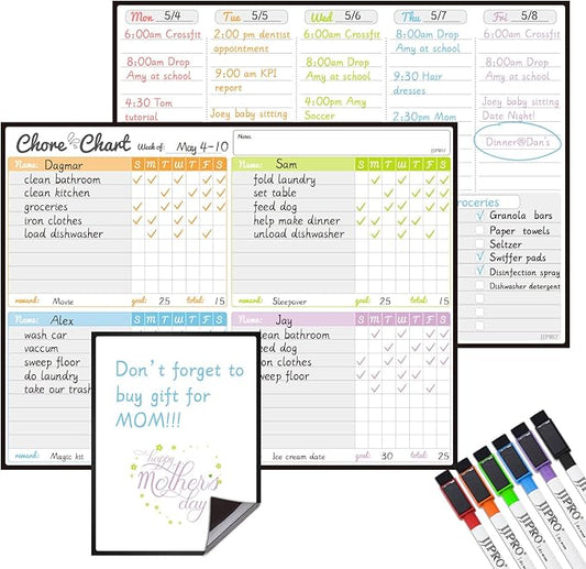JJPRO Magnetic Dry Erase Chore Chart and Weekly Calendar Set for Fridge-Chore Chart for Multiple Kids,Weekly Planner Board,Family Chore Board for Multiple Kids&Adults,Bonus to-do Whiteboard