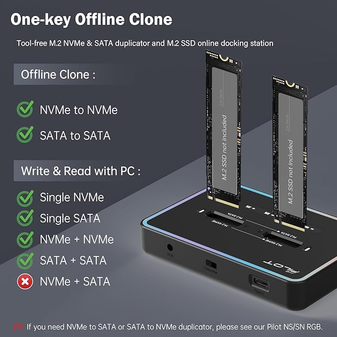 M.2 Duplicator Cloner Dual-Bay Offline USB C to NVME SATA Docking Station, M.2 Reader 20Gbps for Both (M Key, B+M Key) PCIE NGFF Dock, Size 22110 2280 2260 2242 2230 Enclosure - NN/SS RGB