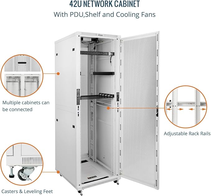 Tecmojo 42U Server Rack Network Cabinet 31.5" D x 23.6" W, Locking Data Cabinet Enclosure for 19" Server, Networking, AV & IT Equipment, Mesh Door, White