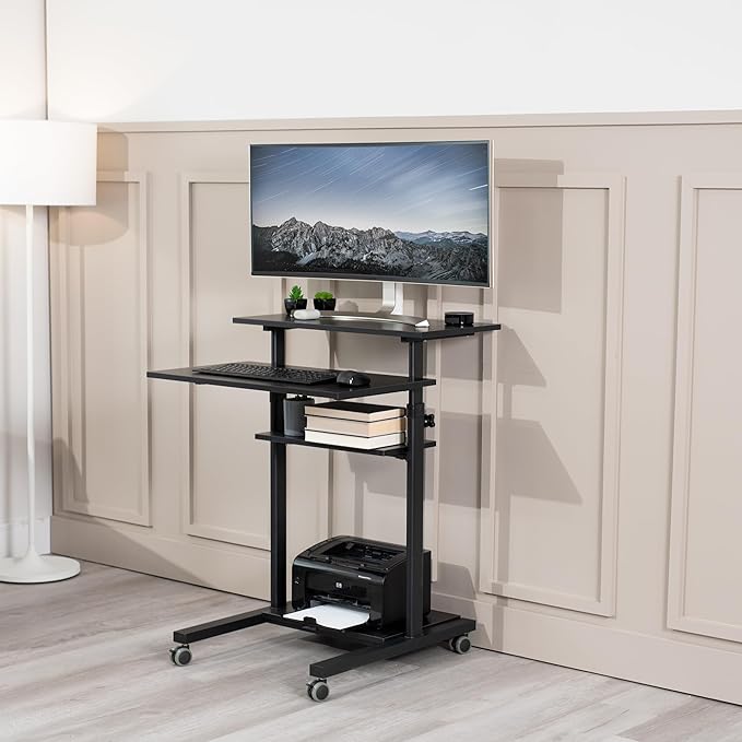 VIVO Mobile 28 inch Standing Desk Workstation, Height Adjustable Rolling Laptop Cart with Storage, Black, CART-V02DB
