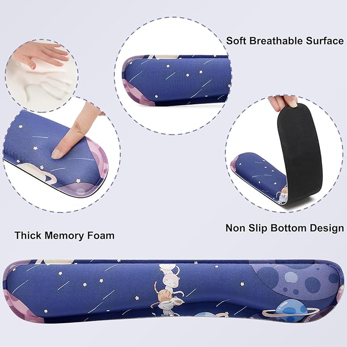 MEGREZ 4-in-1 Ergonomic Memory Foam Wrist Rest Set, Desk Pad, Mouse Pad with Wrist Rest, Keyboard Pad, Suitable for Office Workers, Programmers & Gamers–Relieve Typing & Gaming Fatigue, Cat Planet