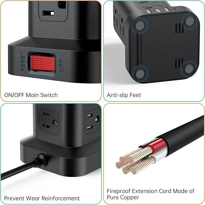 Extension Cord with Multiple Outlets, SMALLRT Surge Protector Tower, PD 20W USB C, Power Strip with USB Ports 12 AC Outlets, 10FT Outlet Extender for Home Dorm, Office Supplies, Overload Protection