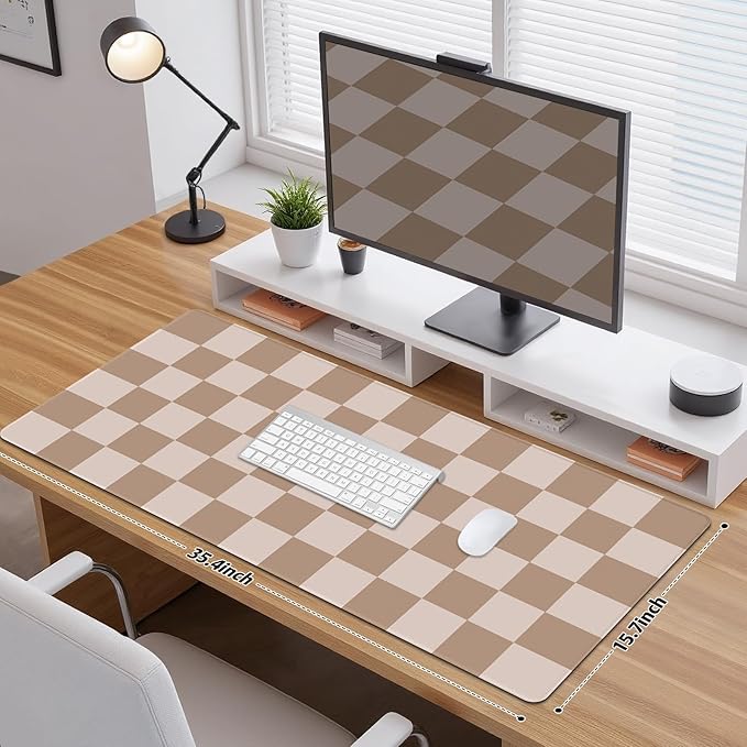 Big Desk Pad Mouse Pad, Large Gaming Mouse Mat with Stitched Edges, Non-Slip Waterproof Rubber Base Mous Mat for Office Computer Keyboard Laptop Home Decor (35.4X17.5 in), Milk Tea Brown Checkered