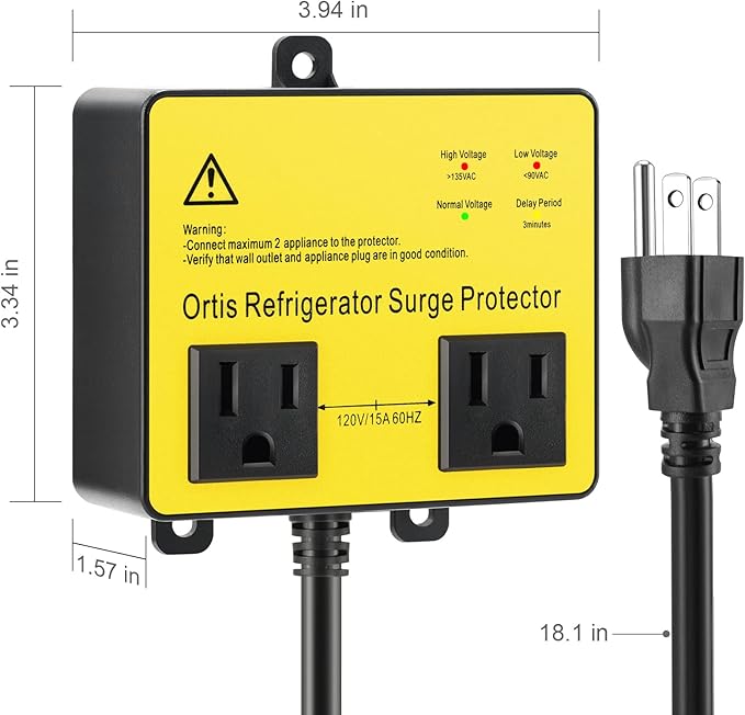 Refrigerator Surge Protector, Ortis Double Outlet Voltage Protector for Home Appliances with Time Delay, Protects Against Brownout, Spike, Instant Surge All Voltage Abnormalities, Yellow