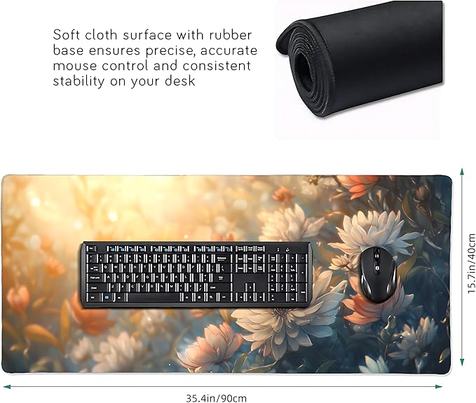 Floral Aesthetic Dahlia Gaming Mouse Pad, Orange White Dreamy Desk Mat with Anti-Slip Base & Stitched Edges, Computer Keyboard & Laptop Pad, 35.4" x 15.7" in in Workstation Accessories
