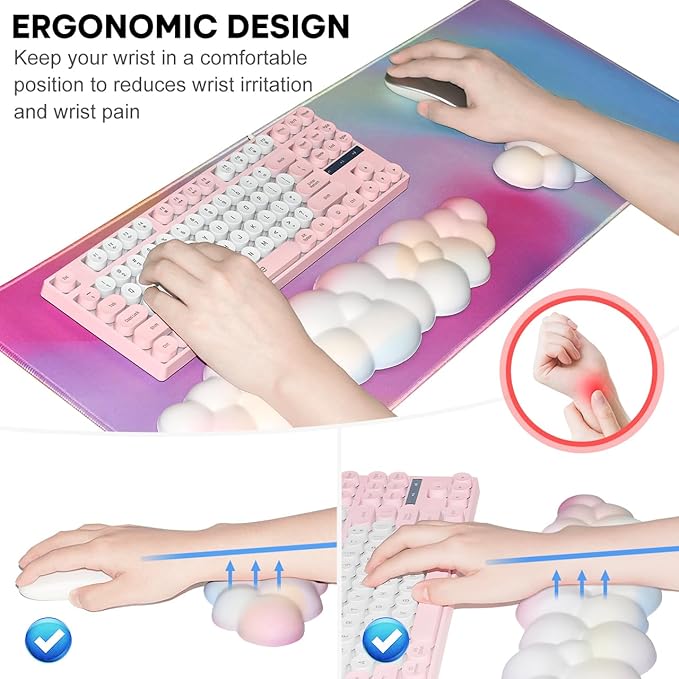 JIKIOU Large Cloud Mouse Pad Waterproof with Cloud Keyboard Wrist Pad and Cloud Mouse Wrist Pad Set, Ergonomic Computer Desk Wrist Support Mousepad for Keyboard and Mouse Rainbow 31.5x11.8in