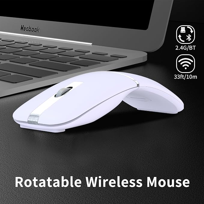 ACOZYKITTEN Arc Bluetooth Mouse, Ultra-Slim Rechargeable Rotating Wireless Curved Mice, Dual Mode (BT5.0/3.0+2.4G), Portable Travel Mouse for Laptop, PC, Mac, iPad, Tablet, Chromebook - Lilac Purple