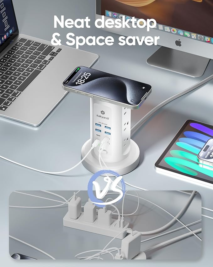 30W USB Charging Station, Surge Protector Power Strip Tower, 9 AC Outlets with 8 USB Ports(4 USB-C), 6Ft Flat Plug Retractable Extension Cord, for Home Office Dorm, White
