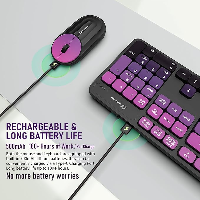 Wireless Keyboard and Mouse Combo - 2.4G Wireless, Rechargeable, Low-Noise, Cute Colorful, Full-Sized, 3 DPI Adjustable Mouse, for Computer, Laptop, PC, Desktop (Black Pink)