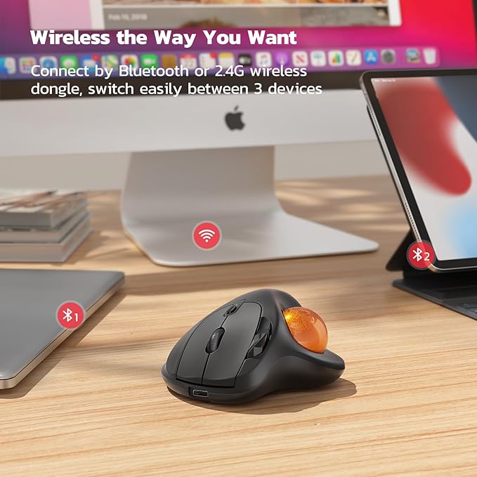 Nulea M501 Wireless Trackball Mouse, Rechargeable Ergonomic, Easy Thumb Control, Precise & Smooth Tracking, 3 Device Connection (Bluetooth or USB Receiver), Compatible for PC, Laptop, Mac (H-DOrange)