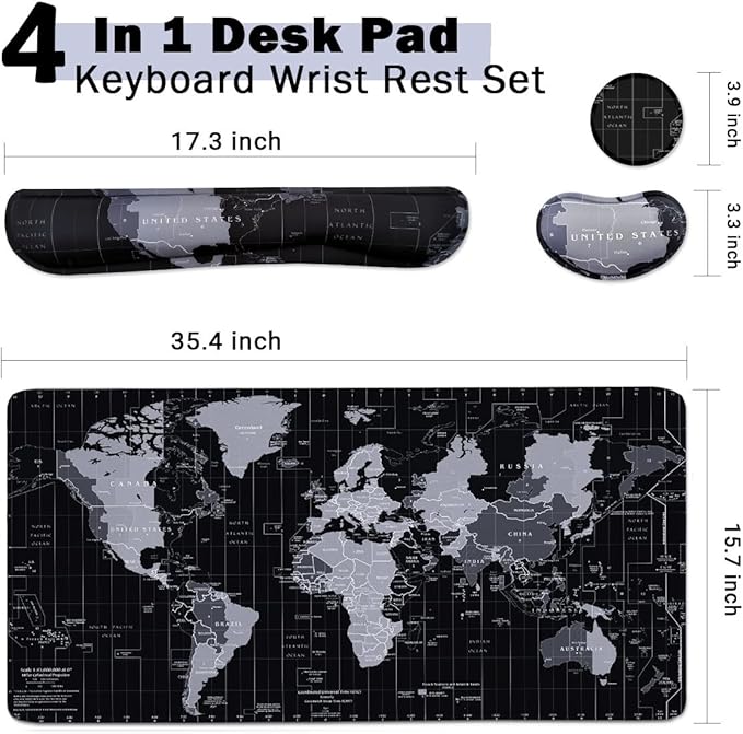 Large Mouse Pad Set, Cute Extended Mouse Pad+Keyboard Wrist Rest Support Desk Pad Memory Foam Ergonomic Easy Typing, 35.4×15.7 in Desk Mat Set for Home Office Study Game - World Map