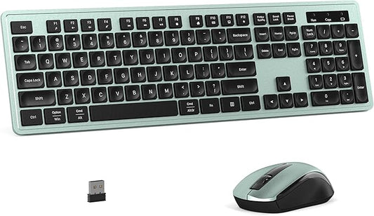 Wireless Keyboard and Mouse Combo, Full-Size 104-Key Office Keyboard with 15 Function Keys, Numeric Keypad, Single USB Receiver, Compatible with PC and Laptop(Green)