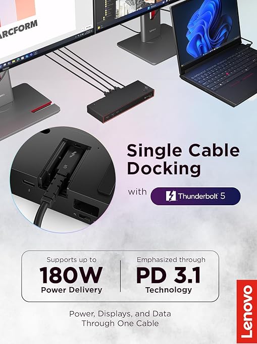 Lenovo ThinkPad Thunderbolt 5 Smart Dock 7500, 120Gbps Data Transfer, 180W Power Delivery, Multiple Display Support, 2.5Gbps Ethernet, Black