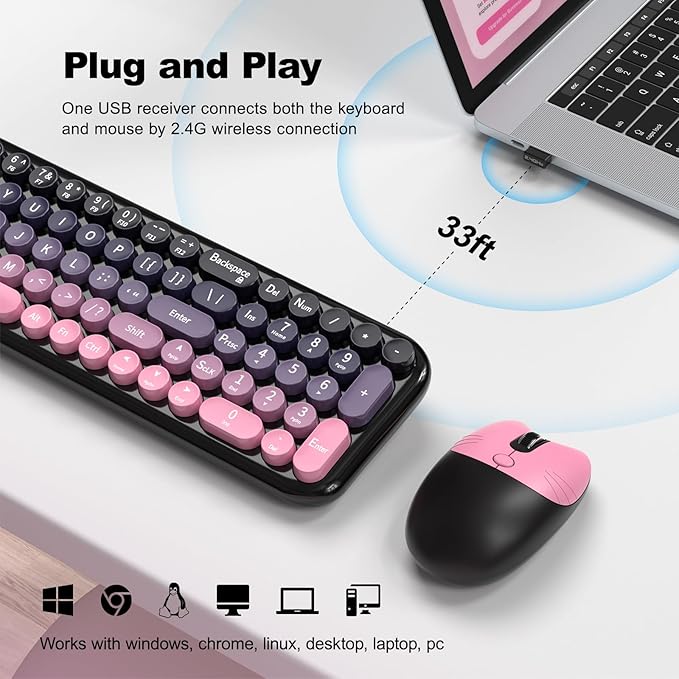 Wireless Keyboard and Mouse Combo, Portable Retro Keyboard with Compact Size, 2 in 1 USB Connected Mouse for Windows 7/8/10, Laptop, Desktop, PC, Computer (Berry Pink)