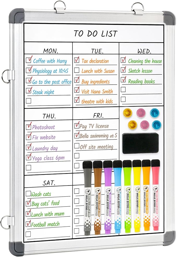 LUCYCAZ Weekly Dry Erase Board, 16" x 12" Magnetic Dry Erase Board for Wall, Hanging Double-Sided to Do List Whiteboard, Small Weekly Planning Board for School, Home, Office