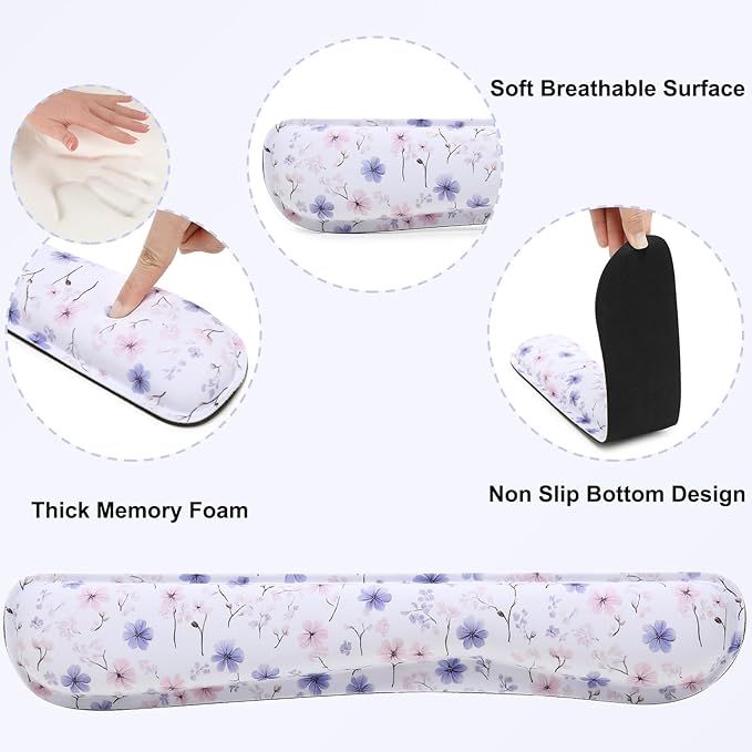 MEGREZ 4-in-1 Ergonomic Memory Foam Wrist Rest Set, Desk Pad, Mouse Pad with Wrist Rest, Keyboard Pad, Suitable for Office Workers, Programmers & Gamers–Relieve Typing & Gaming Fatigue, White Flower