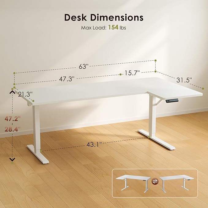 OffiGo Electric L Shaped Standing Desk, 63 Inches Height Adjustable Table, Reversiable Corner Stand Up Desk, Lifting Computer Table for Home Office, Computer Workstation, White