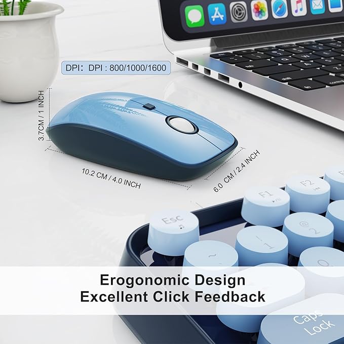 Wireless Keyboard and Mouse Combo,Retro Typewriter Style Gradient Blue Keyboard with Cute Bubble Round Keycaps,2.4GHz Full Size Clicky Creamy Keyboard & 3 DPI Mouse for PC Laptop Desktop-Navy Blue