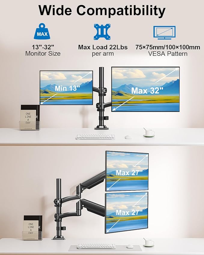 Dual Monitor Stand for Computer Screen up to 32", Taller Monitor Arms Holds 22 lbs Each, Dual Monitor Desk Mount, Height Adjustable Gas Spring VESA Mount with C-clamp Grommet Mounting, Black, Freelift