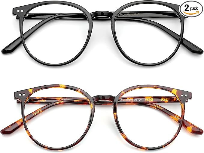 2 Pack Blue Light Blocking Glasses for Women and Men, Round Frame Computer Gaming Anti Eyestrain & UV Glare RF6213 (Black + Coco Tortoise)