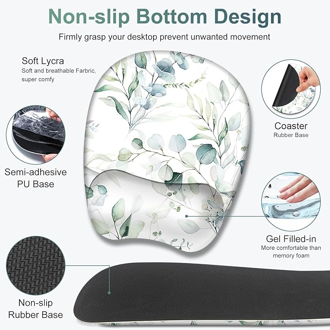 Large Mouse Pad with Wrist Support 4in1 Set, XXL Big Game Mousepad +Keyboard Wrist Rest+Mouse Wrist Rest+Coaster with Ergonomic Design Gaming Mat for Home Office Computer I Eucalyptus Branches