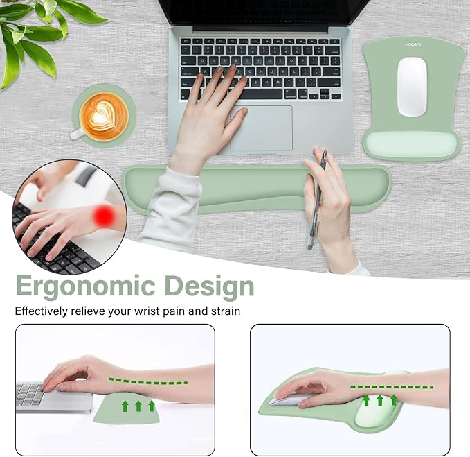 MOSISO Wrist Rest Support for Mouse Pad & Keyboard Set, Ergonomic Mousepad&Coaster Non-Slip Base Home/Office Pain Relief & Easy Typing Cushion with Neoprene Cloth & Raised Memory Foam, Green