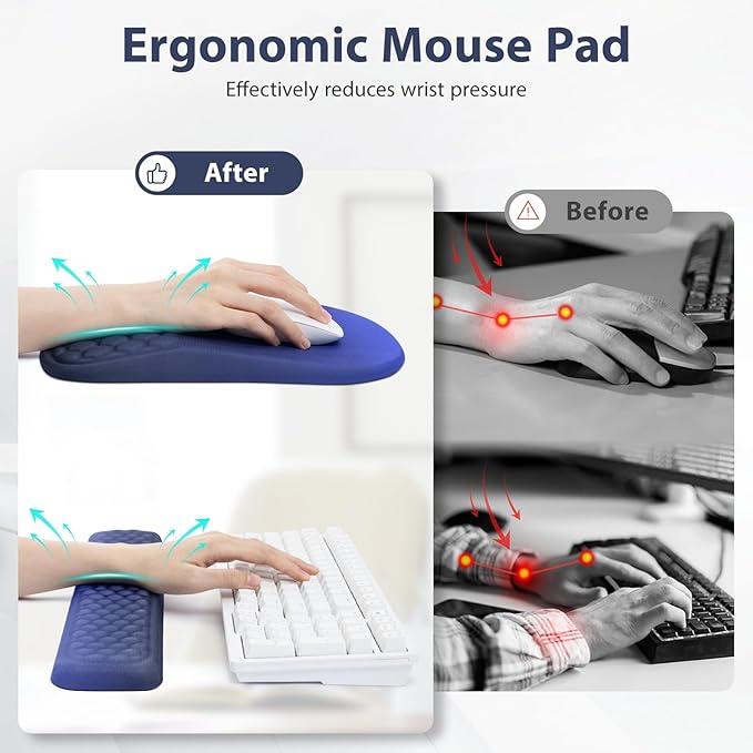 EYROZILL 3 in 1 Ergonomic Mousepad with Wrist Rest, Gaming Keyboard Mouse Pad with Wrist Support Non-Slip Base Massage Design, Pain Relief (Blue/Black)