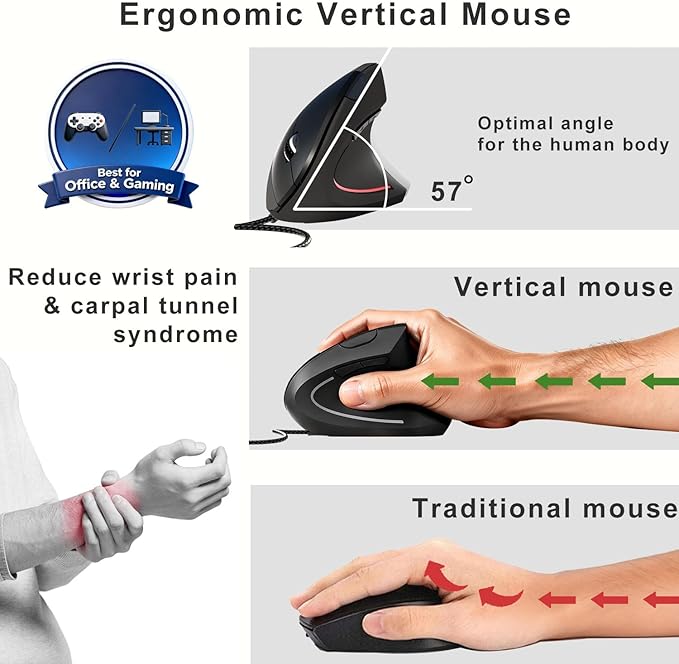 ROCK&ROWN Wired Ergonomic Mouse,Vertical Mouse with Nylon-Braided Cable,6 Buttons,6400 Adjustable DPI,Silent Mouse for PC,Mac,Laptop - Black