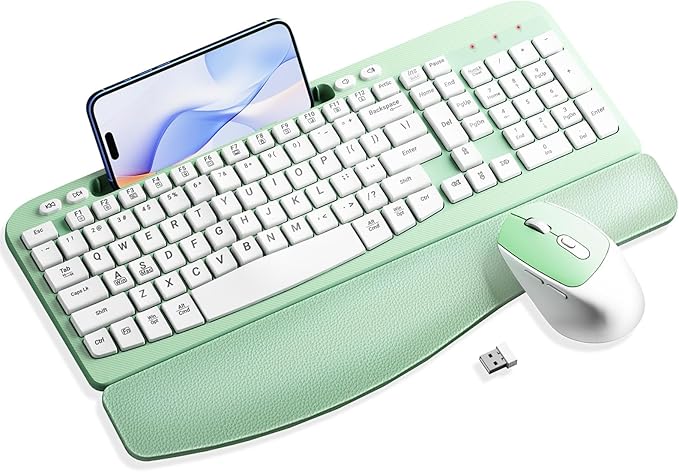 Wireless Keyboard and Mouse Combo, Wave Keys Computer Ergonomic Keyboard with Cushioned Plam Rest, Phone Holder, 2.4GHz Silent 6 Button Wireless Mouse Set for Laptop, PC, Windows, Mac (Mint Green)