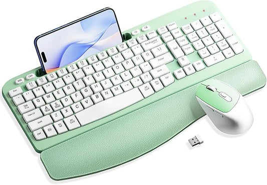 Wireless Keyboard and Mouse Combo, Wave Keys Computer Ergonomic Keyboard with Cushioned Plam Rest, Phone Holder, 2.4GHz Silent 6 Button Wireless Mouse Set for Laptop, PC, Windows, Mac (Mint Green)