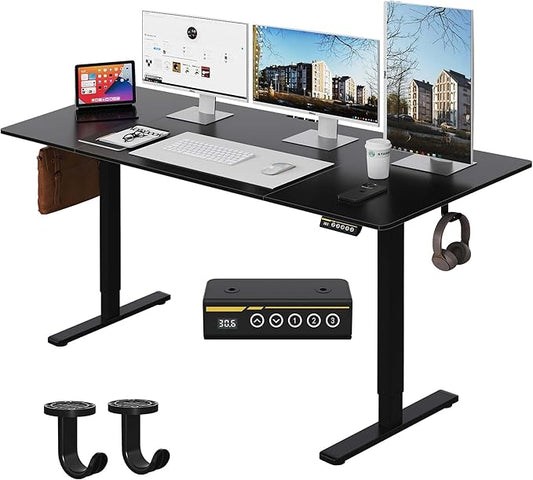 Large Electric Standing Desk,63x28 Inches Adjustable Height Stand up Desk, Sit Stand Home Office Desk, 3 Preset Heights,Equipped with Hooks,Ergonomic Computer Desk Workstation，Black
