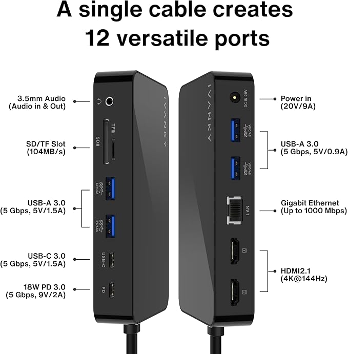 iVANKY 12-in-2 FusionDock 1 for M5 MacBook Dual 4K@144Hz Monitor (Docking Station for M5/M4 Base, M3/M2/M1 Pro/Max Mac)(150W Power Adapter, SD/TF, USB, RJ45, 3.5mm Audio) Plug and Play 5Gbps Dock Hub