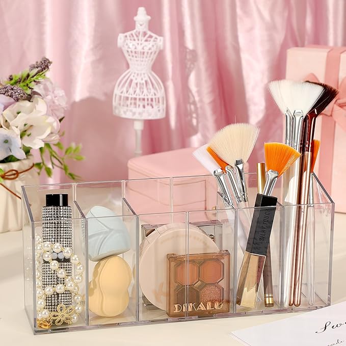 DECYOOL 2PCS Acrylic Pen Holders, Clear Makeup Brush Organizer 6 Compartments With Removable Dividers for Vanity Desk Accessories Cosmetic Storage Office Stationery Kitchen Supplies
