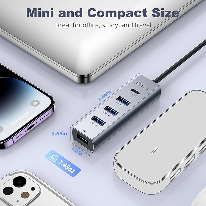 USB C to USB A Hub Splitter 5 Ports with BC Charging Aluminum Thunderbolt to USB C Hub Multiport Adapter USB 3.0 5Gbps Type C Hub Extender for Laptop Mac iPad PC Surface XPS and More(1.97FT5in1)