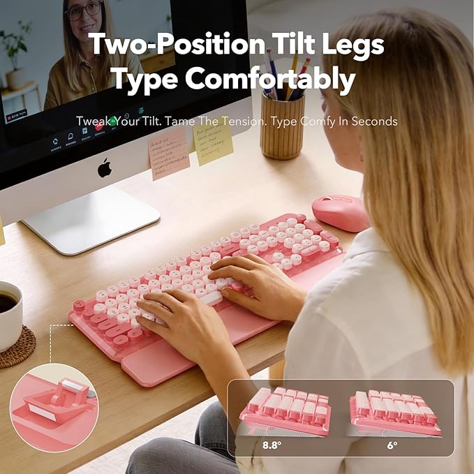 Wireless Keyboard and Mouse Combo with Detachable Magnetic Wrist Rest, Retro Typewriter-Style Keyboard, Round Keycaps, Adjustable Legs, 3-Level DPI Mouse, 2.4GHz for Windows PC/Laptop (Blush Pink)