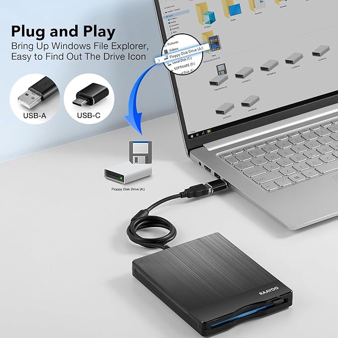 Floppy Disk Reader 3.5 inch USB A/C Floppy Disk Drive for PC Laptop Computer with Windows 11/10/7/XP, External Portable Floppy Disc Drive (Brushed Striation)