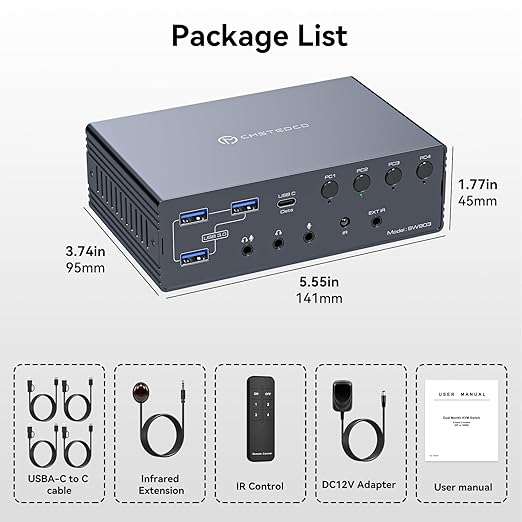 USB C KVM Switch 2 Monitors 4 Computers Docking Station 4K60Hz for Windows/Mac Thunderbolt KVM with Displaylink Support USB3.0/USB C in DP/HDMI Out Extended/Mirrored Mode for M1 M2 M3 M4